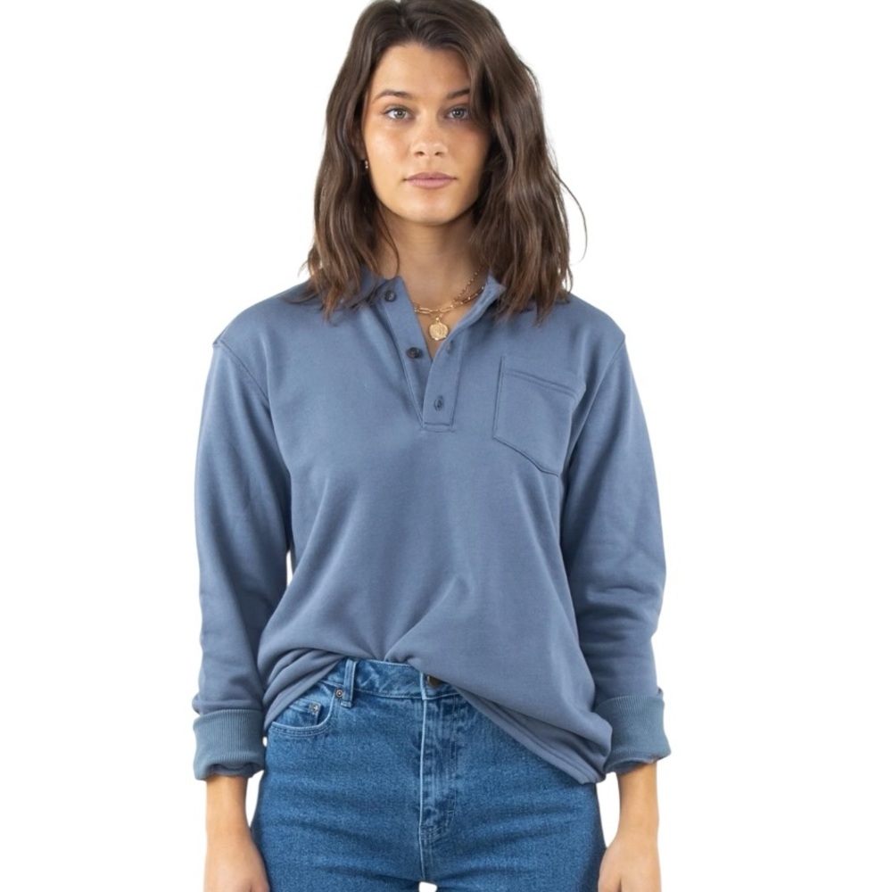 Rusty Barefoot Fleece Pullover Sweatshirt Blue Henley Surf Style Women’s M